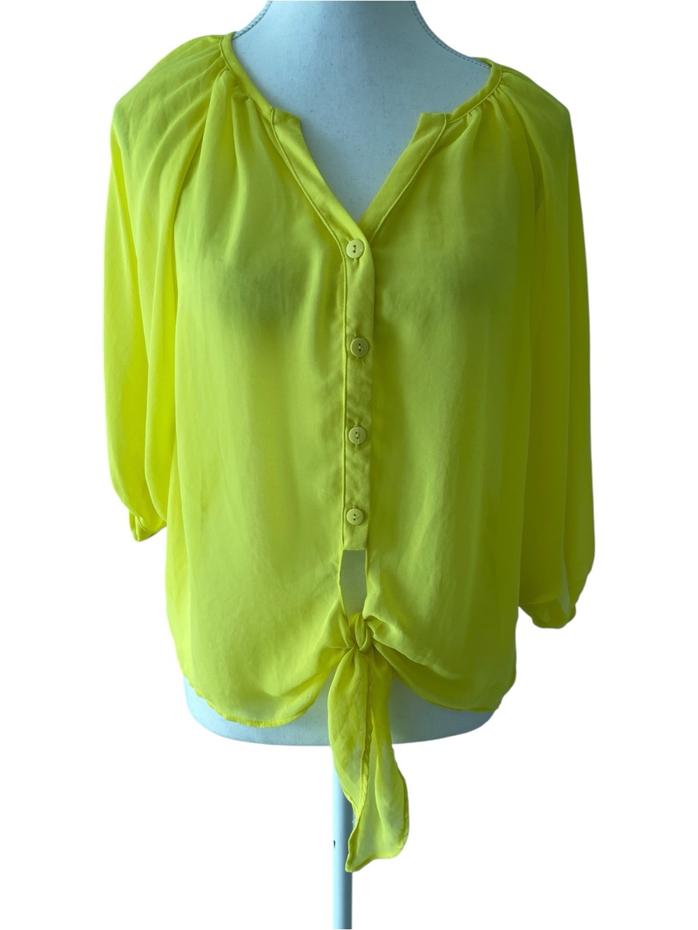Fluo Yellow Tie-Front Women's Button-Up Blouse Size Small
